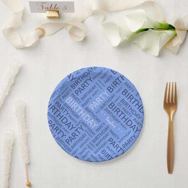 Birthday blue typography add name paper plate (Wedding)