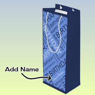 Birthday blue typography add name wine gift bag