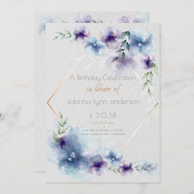 Birthday Blue-Violet Translucent Watercolor Flower Invitation (Front/Back)