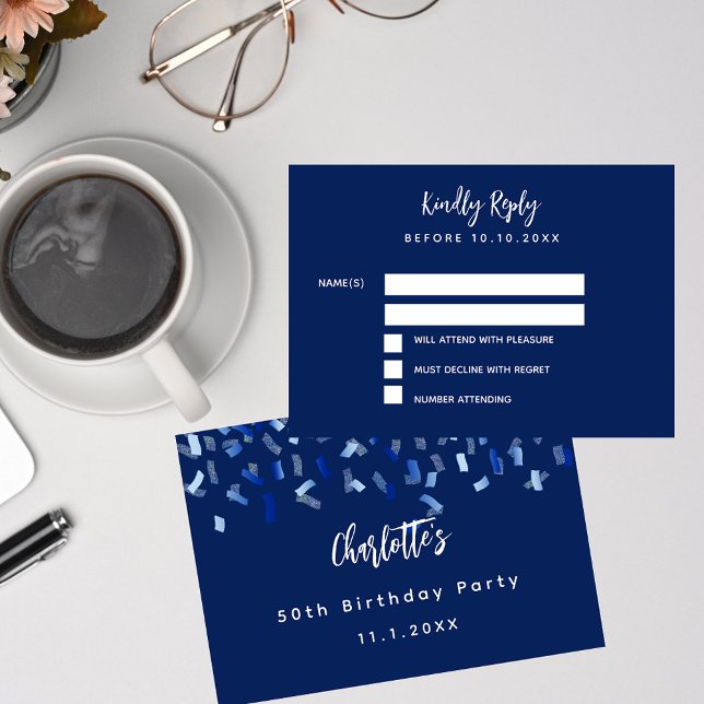 Birthday blue white confetti party RSVP (Creator Uploaded)