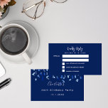 Birthday blue white confetti party RSVP Enclosure Card<br><div class="desc">A navy blue background. 
On the front: Personalise and add the reply by date.
Back: add a name,  event and date of the event.   Decorated with blue confetti.</div>