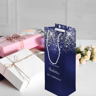 Birthday blue white glitter dust monogram wine gift bag