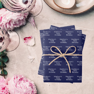 Birthday blue white name script minimalist wrapping paper sheet