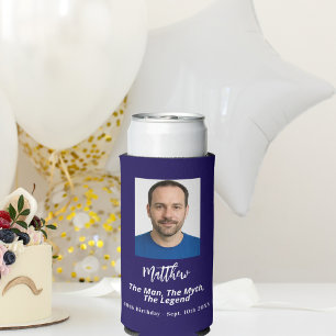 Birthday blue white photo man myth legend seltzer can cooler