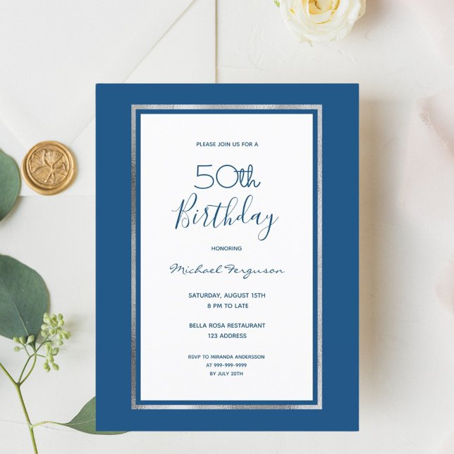 Birthday blue white silver elegant invitation postcard (Creator Uploaded)