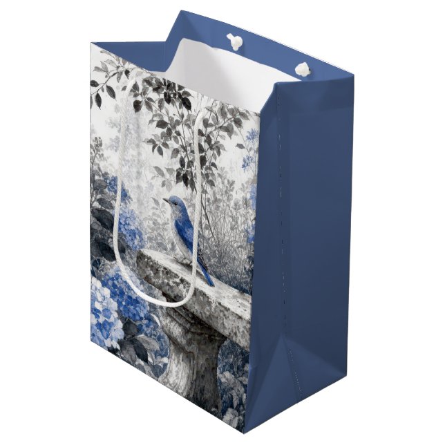 Birthday Bluebird On a Stone Garden Bench Medium Gift Bag (Front Angled)