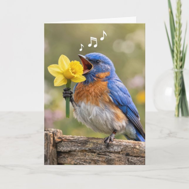 Birthday Bluebird Singing Into a Yellow Daffodil Card (Front)