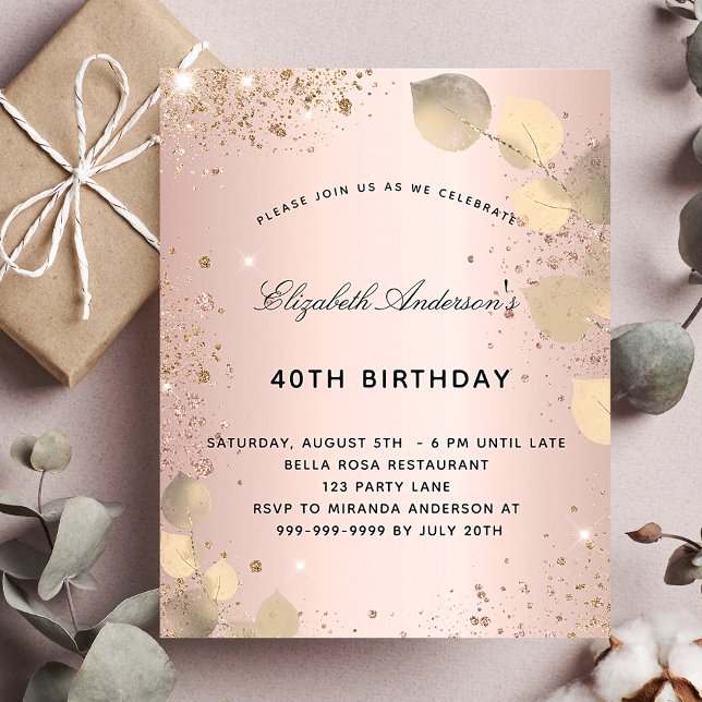 Birthday blush eucalyptus gold budget invitation flyer (Creator Uploaded)