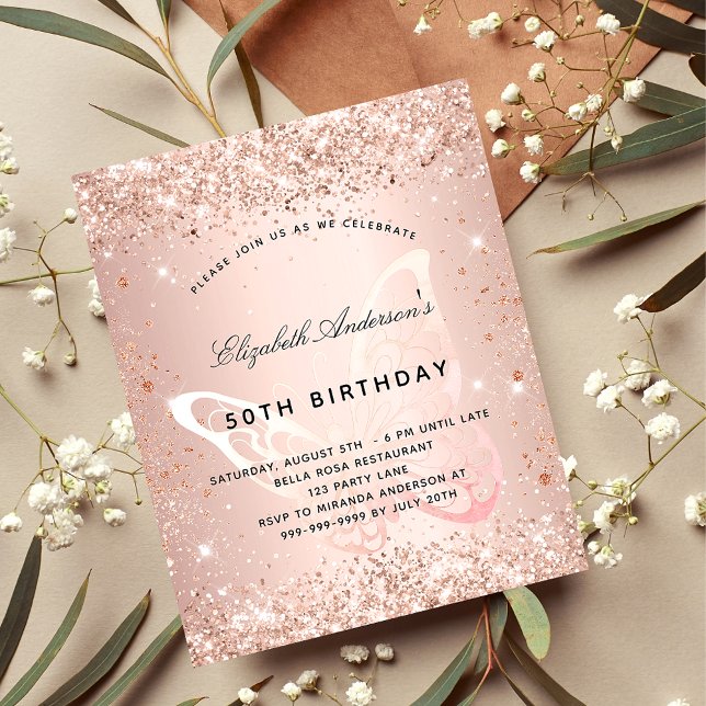 Birthday blush glitter butterfly budget invitation flyer (Creator Uploaded)