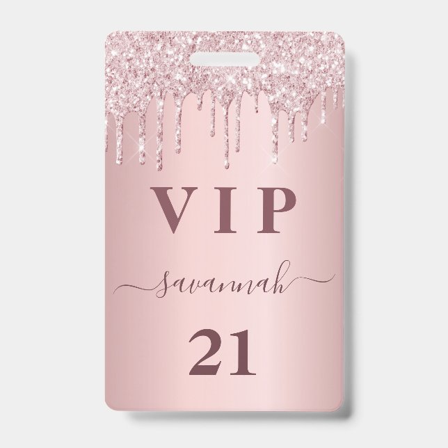 Birthday blush pink drips name vip pass ID badge (Front)