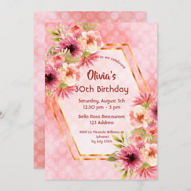 Birthday blush pink florals geometric invitation (Front/Back)