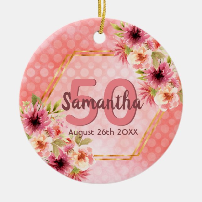 Birthday blush pink florals geometric name ceramic tree decoration (Front)
