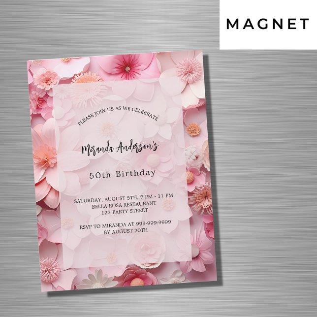 Birthday blush pink flowers luxury magnetic invitation (Creator Uploaded)