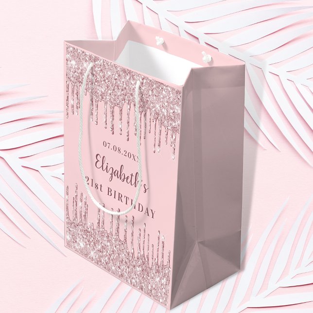 Birthday blush pink glitter drips monogram luxury medium gift bag (Creator Uploaded)