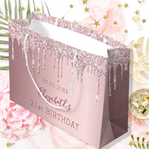 Birthday blush pink glitter drips monogram name large gift bag
