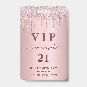 Birthday blush pink glitter drips name vip  ID badge