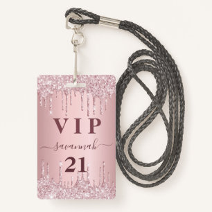 Birthday blush pink glitter drips vip invitation ID badge