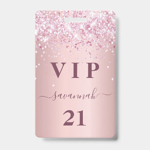 Birthday blush pink glitter dust name vip ID badge