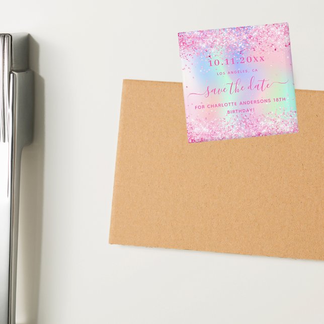 Birthday blush pink glitter save the date magnet (Creator Uploaded)