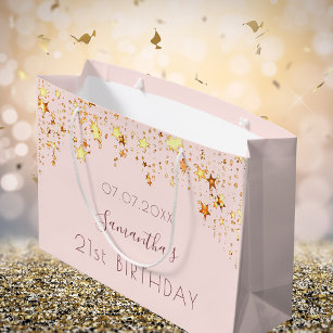 Birthday blush pink gold stars monogram large gift bag