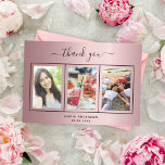 Birthday blush pink photo script modern thank you card<br><div class="desc">A glamourous 21st birthday (or andy age) Thank You card personalised with your own photo. Add 3 of Your birthday photos, vertical size, a date, name, and the thank you note. A blush pink faux metallic looking background with black text and frame. The text: Thank you on the front and...</div>