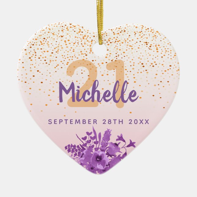 Birthday blush pink purple florals monogram ceramic tree decoration (Front)