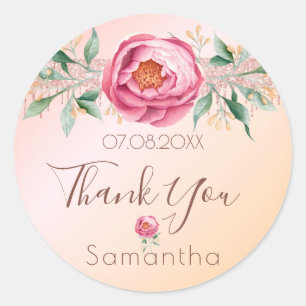 Birthday blush pink rose glitter floral thank you classic round sticker