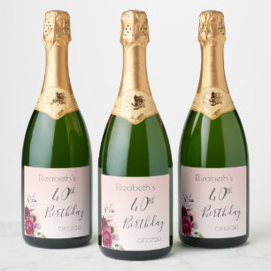 Birthday blush pink rose gold floral sparkling wine label