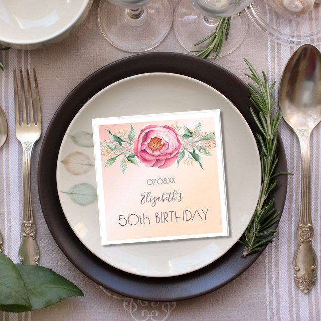 Birthday blush pink rose gold glitter florals napkin (Creator Uploaded)