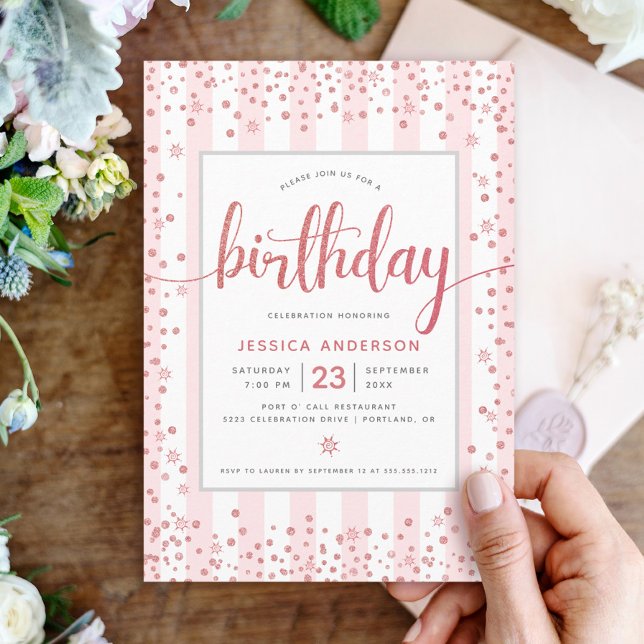 Birthday blush pink rose gold glitter script chic invitation (Creator Uploaded)