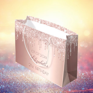 Birthday blush rose gold drips name large gift bag