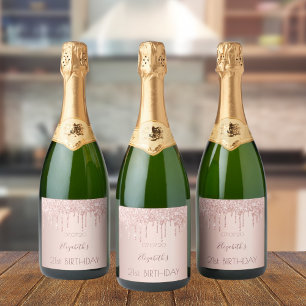 Birthday blush rose gold drips name sparkling wine label