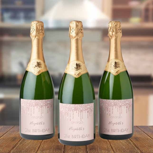 Birthday blush rose gold drips name sparkling wine label (Creator Uploaded)