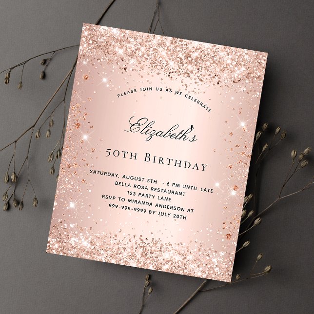 Birthday blush rose gold glitter budget invitation flyer (Creator Uploaded)