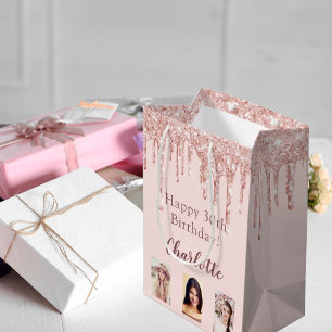 Birthday blush rose gold glitter drips photo medium gift bag