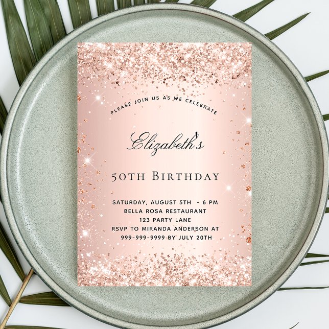 Birthday blush rose gold glitter elegant script invitation postcard (Creator Uploaded)