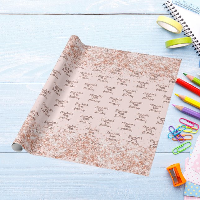 Birthday blush rose gold glitter name wrapping paper (Creator Uploaded)