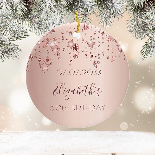 Birthday blush rose gold shiny stars glittery ceramic tree decoration (Creator Uploaded)