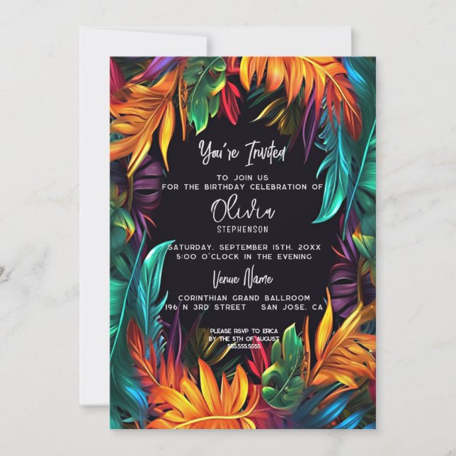 Birthday | Bold Neon Tropical Foliage Invitation (Front)
