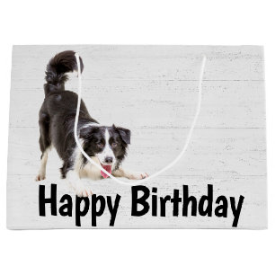 Birthday Border Collie on Wood Large Gift Bag