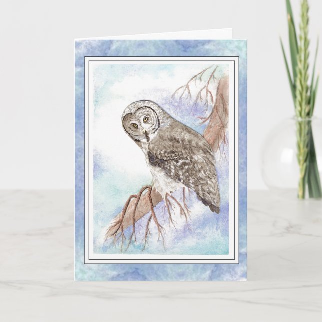 Birthday Boss with Great Grey, Gray Owl Bird Card (Front)