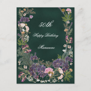 Birthday Botanical Floral on Moody Forest Green Postcard