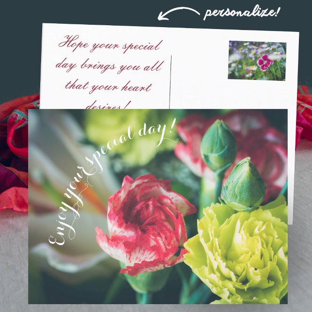 Birthday bouquet: pink and yellow carnations postcard (Creator Uploaded)
