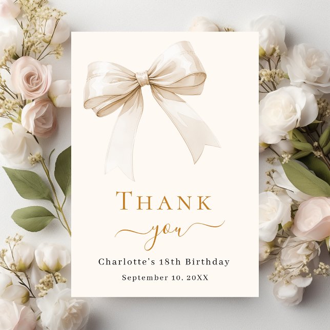 Birthday bow cream beige thank you card (Creator Uploaded)