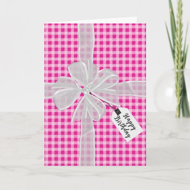 Birthday Bow On Pink Gingham   Card (Front)