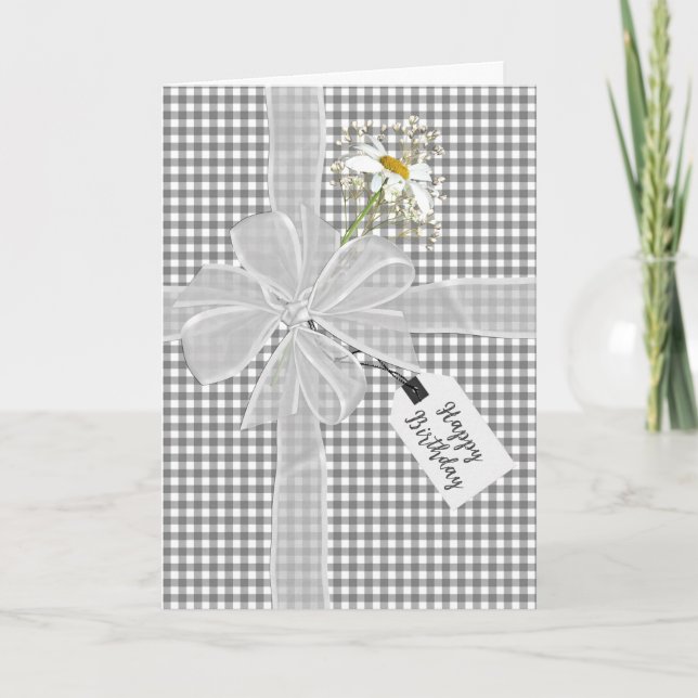 Birthday Bow with Daisy On Gingham Card (Front)