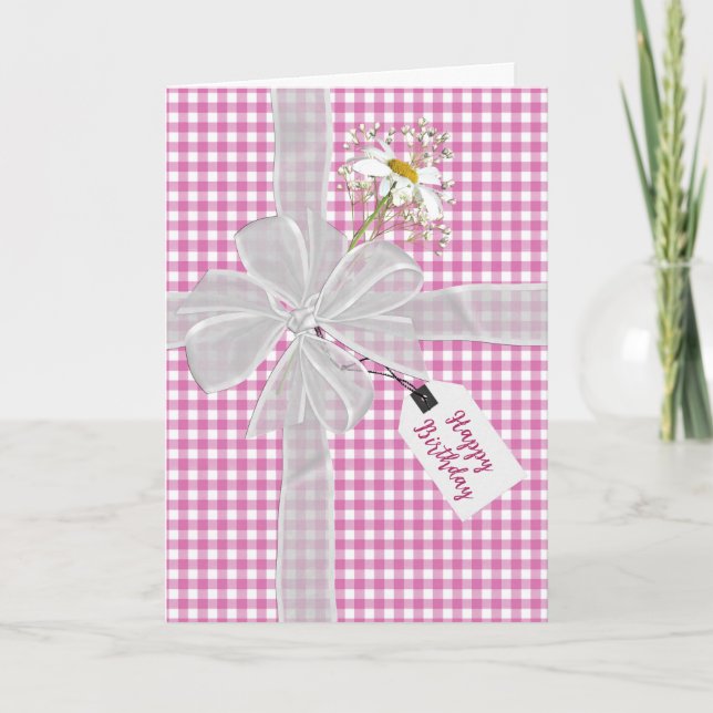 Birthday Bow with Daisy On Gingham Card (Front)