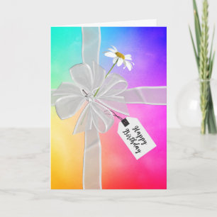 Birthday Bow with Daisy On Rainbow Abstract Card