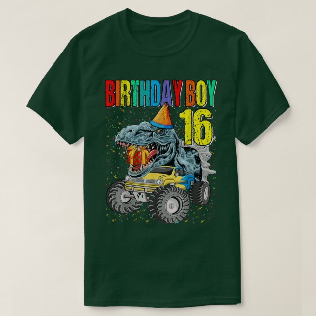 Birthday Boy 16 Monster Truck Dinosaur 16th Birthd T-Shirt (Design Front)