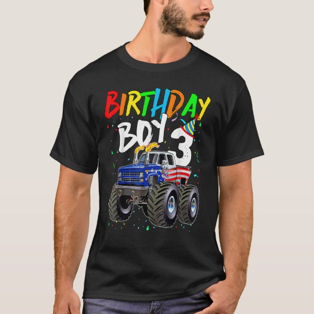 Birthday Boy 3 Year Old Monster Truck Flag 3rd Bir T-Shirt (Front)